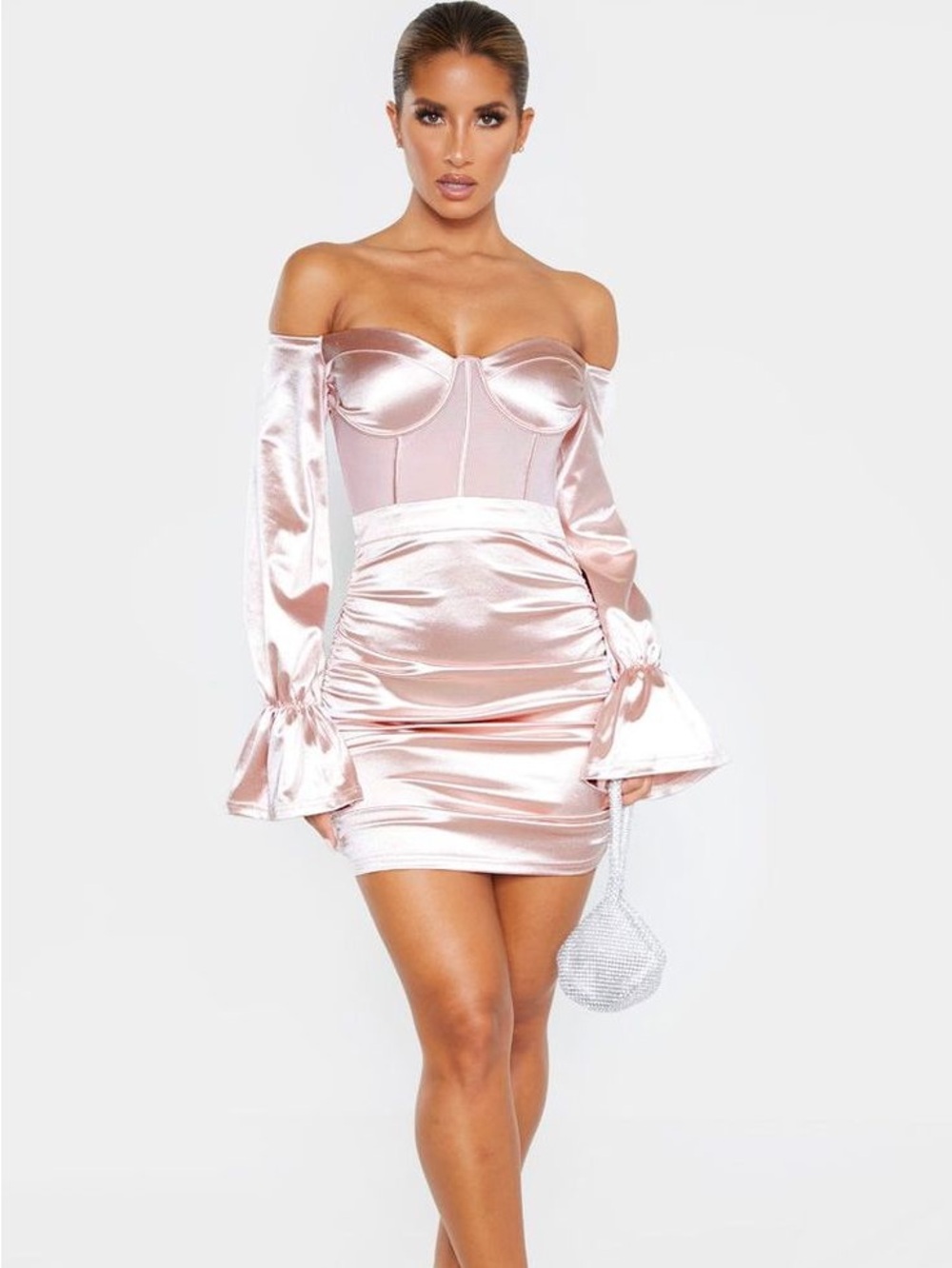 PrettyLittleThing Pink Bardot Satin Mesh Insert Ruch Bodycon Dress NWT Homecomin